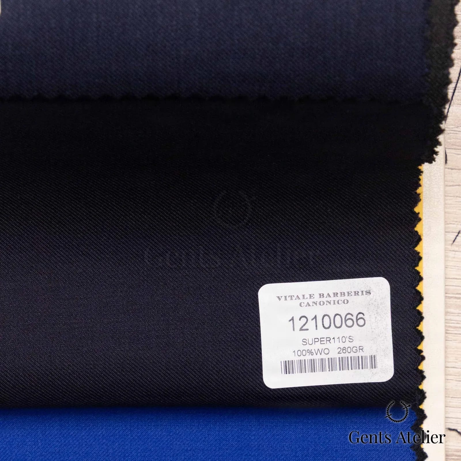 Образец ткани Vitale Barberis Canonico 1210066 с этикеткой, тёмно-синий