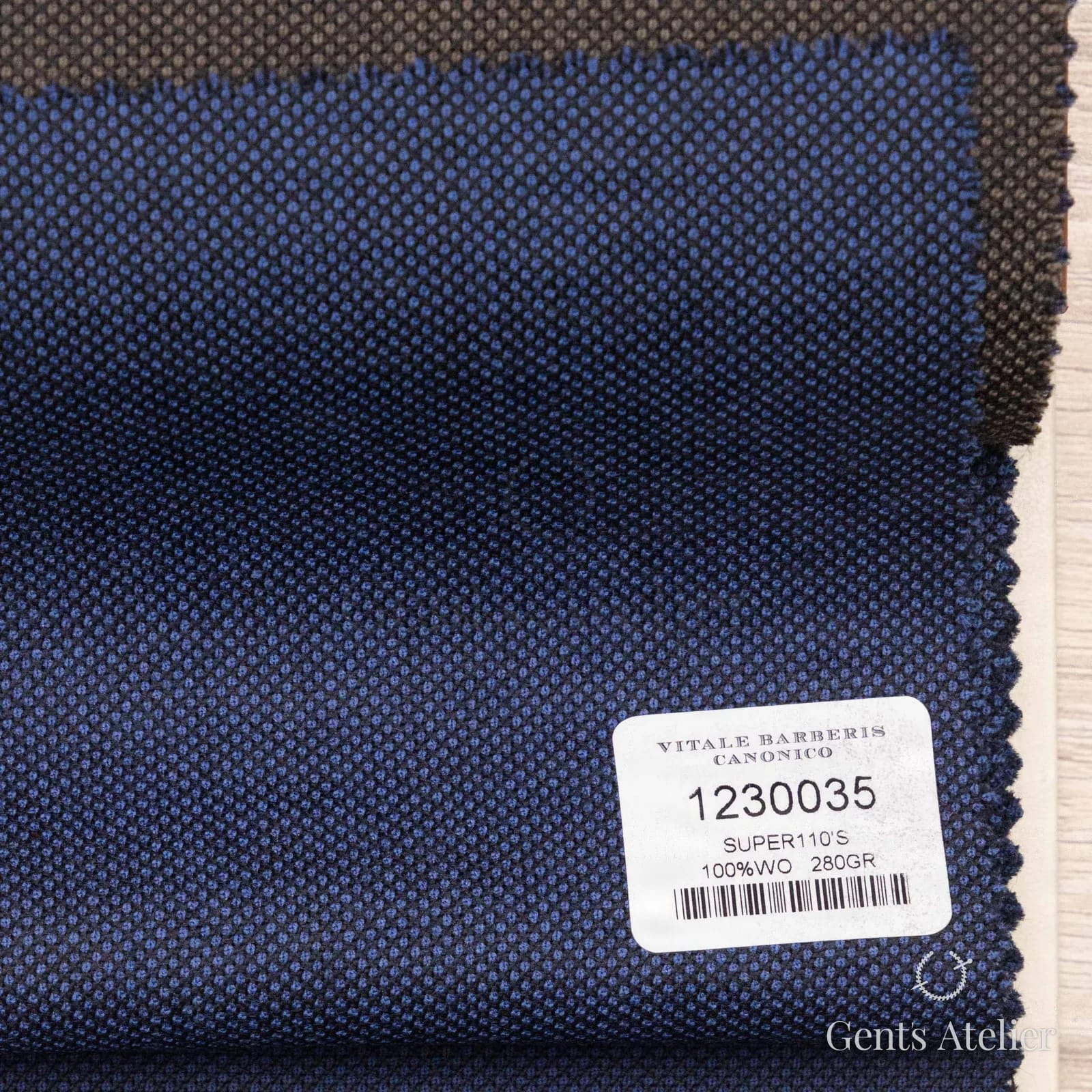 Образец ткани Vitale Barberis Canonico 1230035 с этикеткой, тёмно-синий