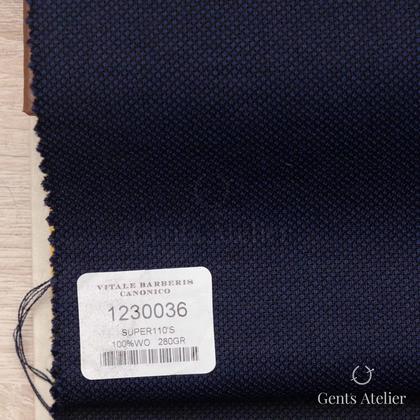 Образец ткани Vitale Barberis Canonico 1230036 с этикеткой, тёмно-синий