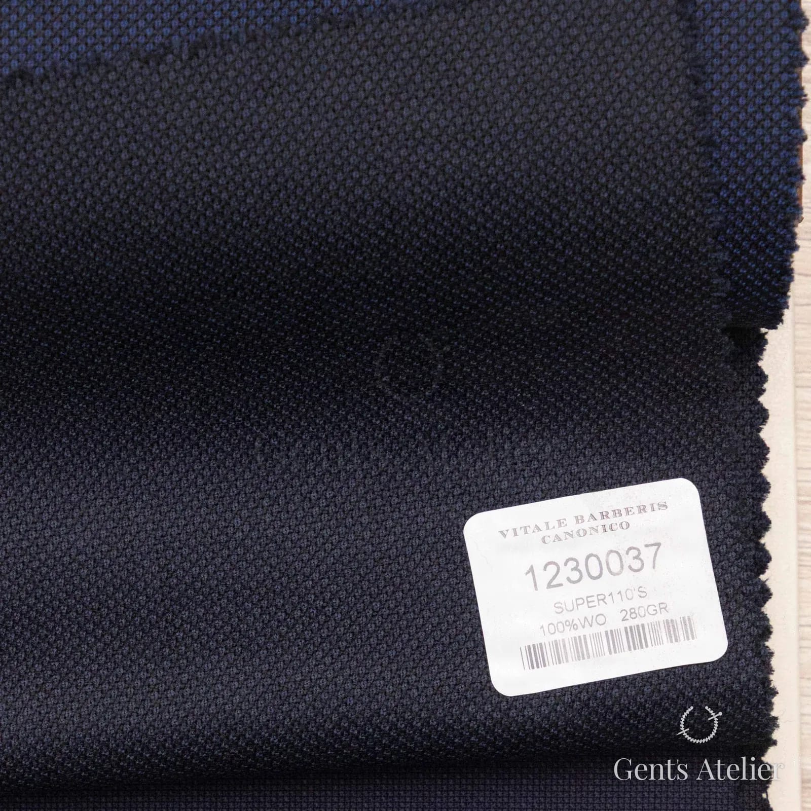 Образец ткани Vitale Barberis Canonico 1230037 с этикеткой, тёмно-синий
