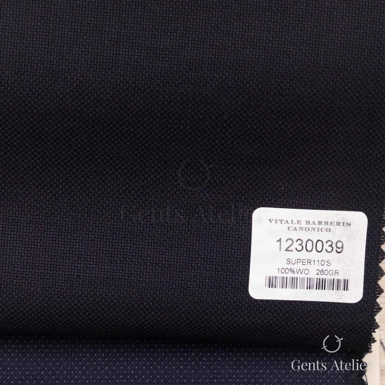 Образец ткани Vitale Barberis Canonico 1230039 с этикеткой, тёмно-синий