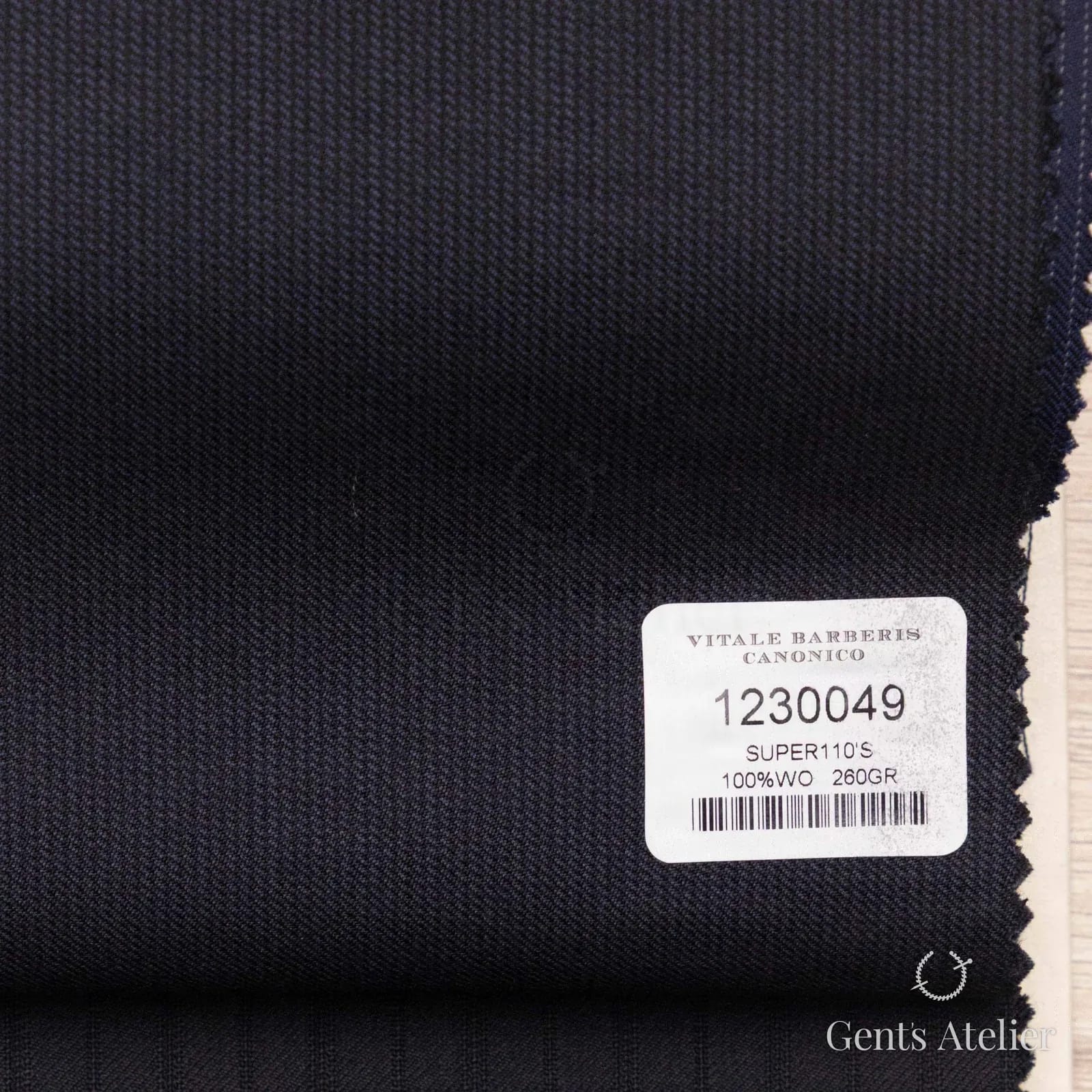 Образец ткани Vitale Barberis Canonico 1230049 с этикеткой, тёмно-синий