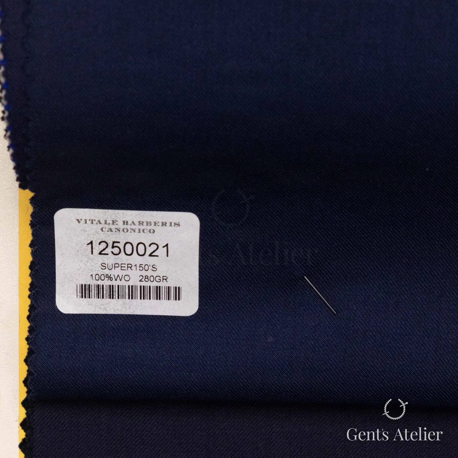 Образец ткани Vitale Barberis Canonico 1250021 с этикеткой, тёмно-синий