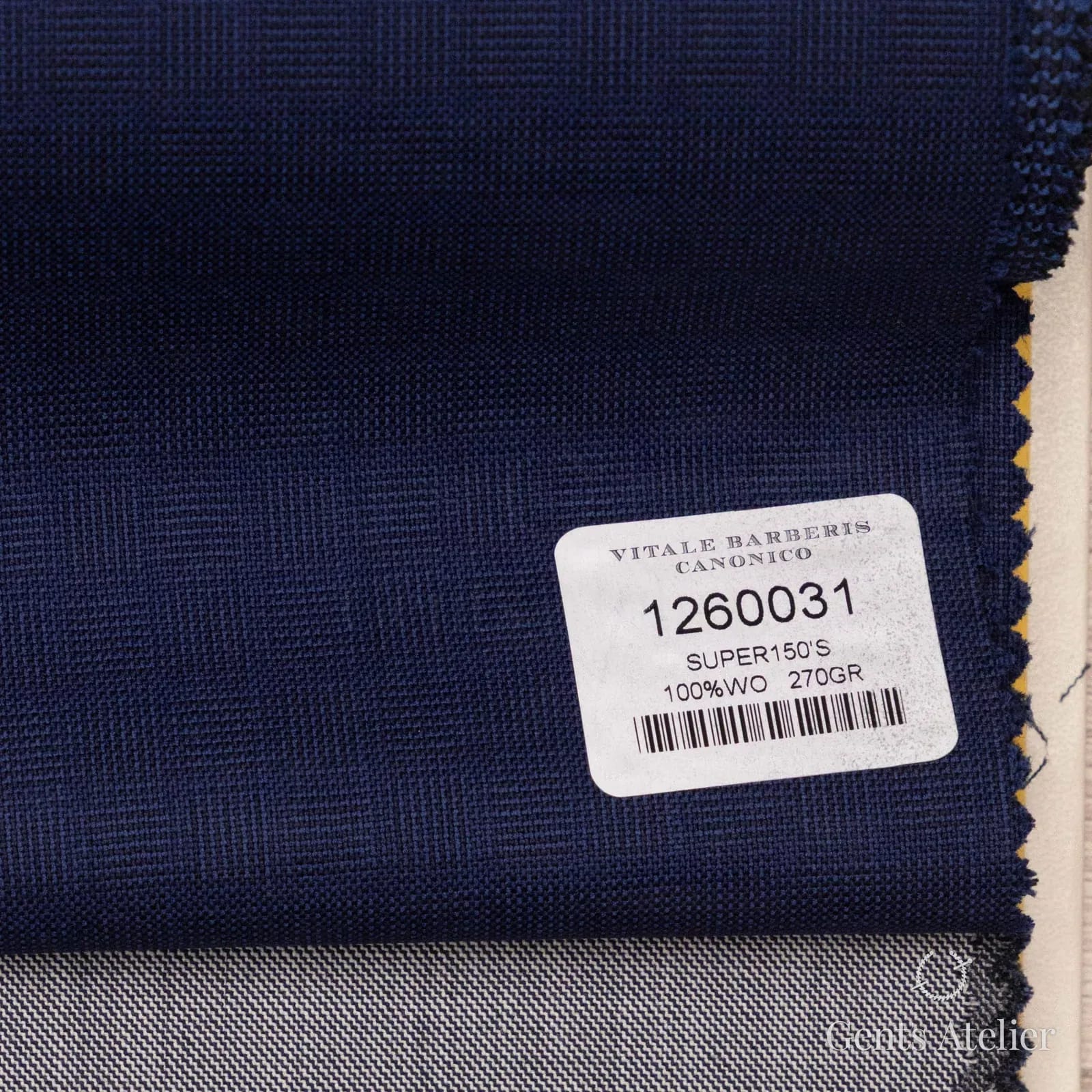 Образец ткани Vitale Barberis Canonico 1260031 с этикеткой, тёмно-синий