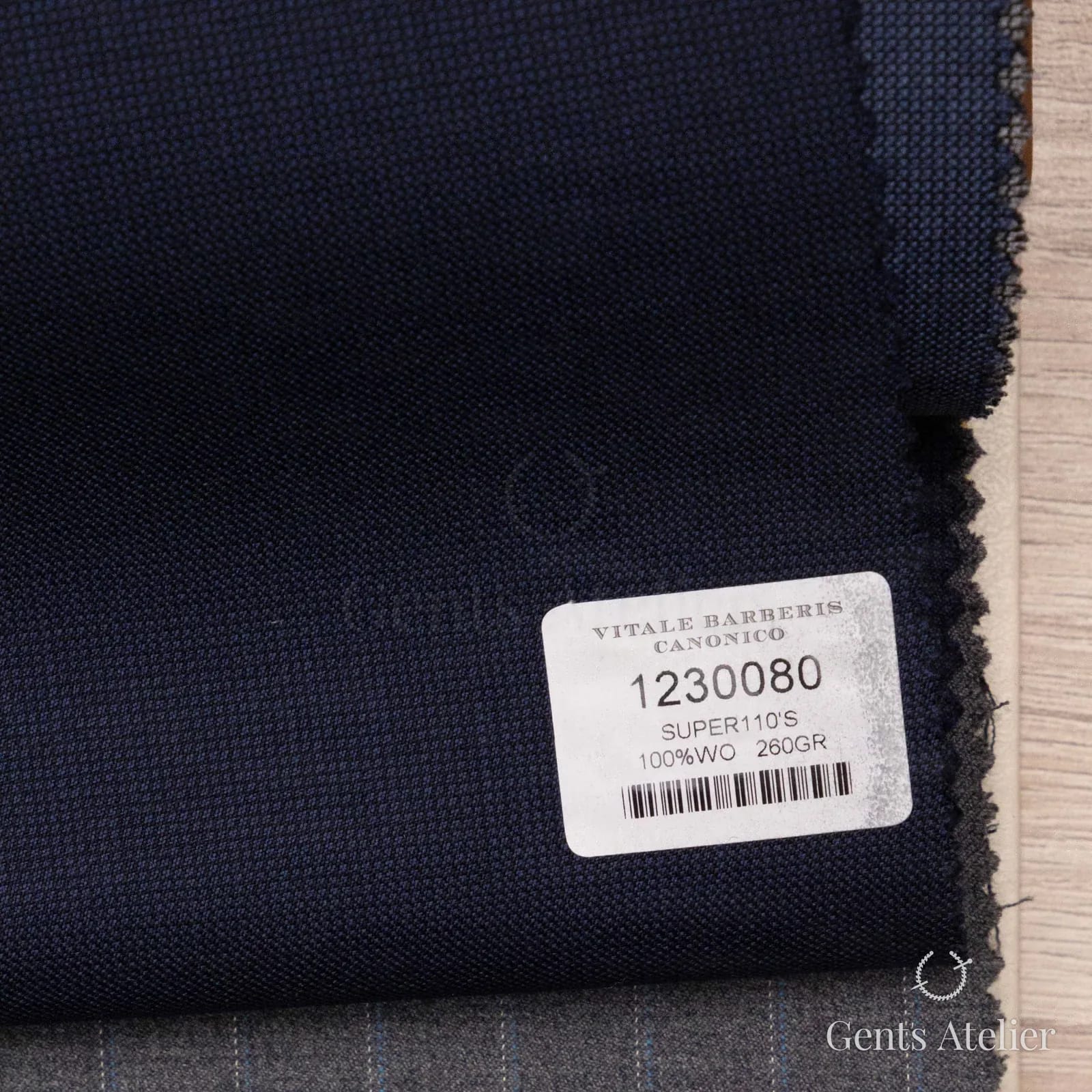 Образец ткани Vitale Barberis Canonico 1230080 с этикеткой, тёмно-синий