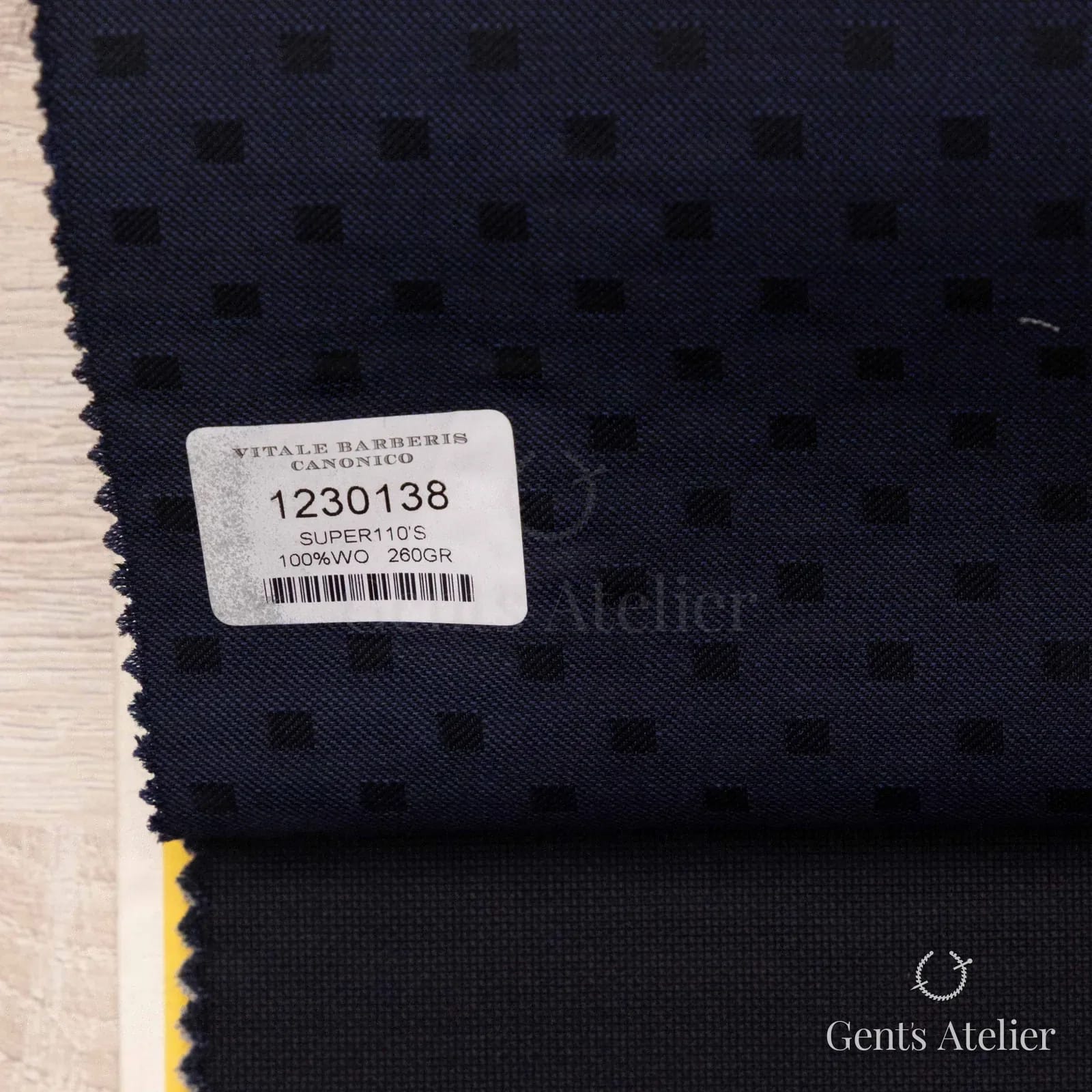 Образец ткани Vitale Barberis Canonico 1230138 с этикеткой, тёмно-синий