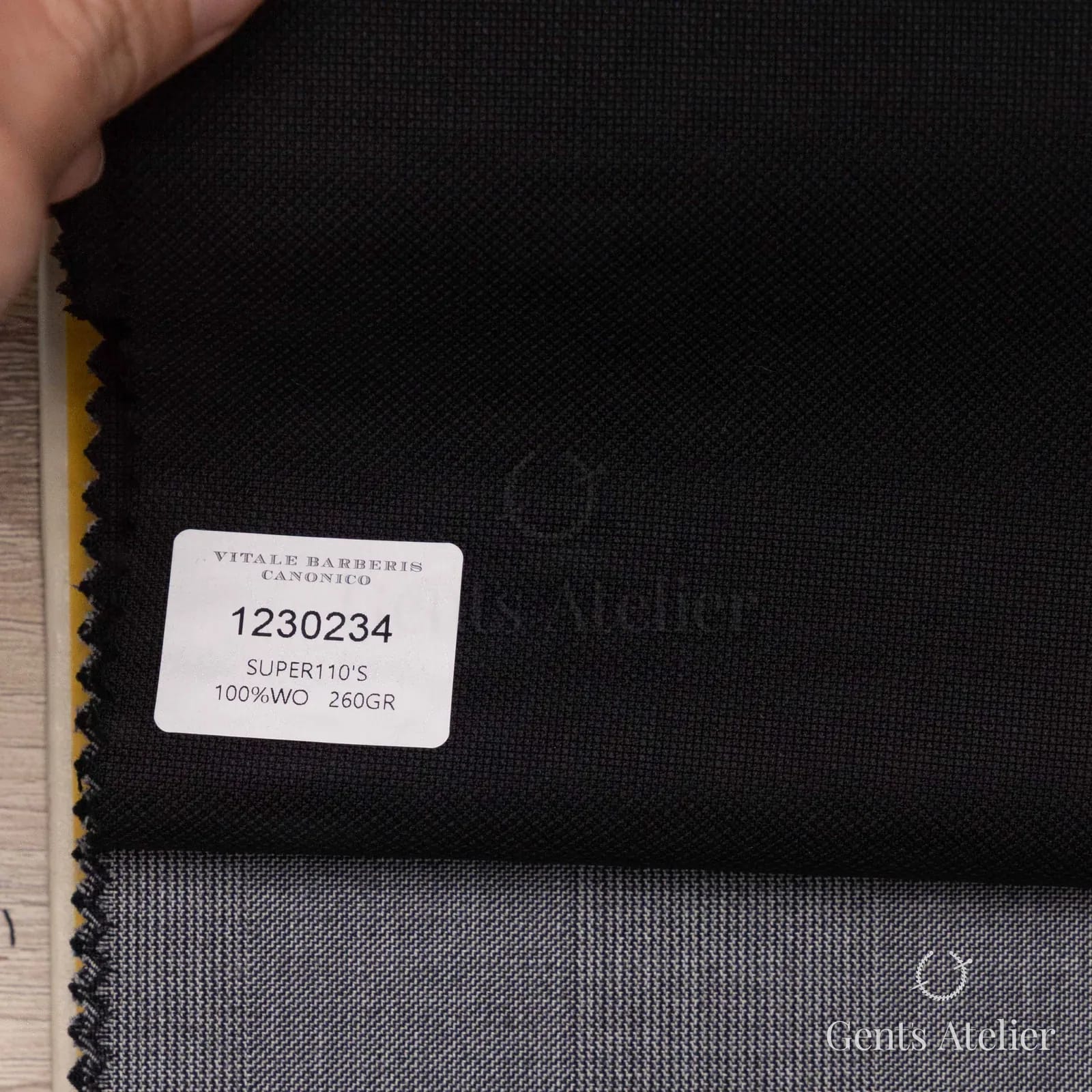 Образец ткани Vitale Barberis Canonico 1230234 с этикеткой, очень тёмный серо-синий