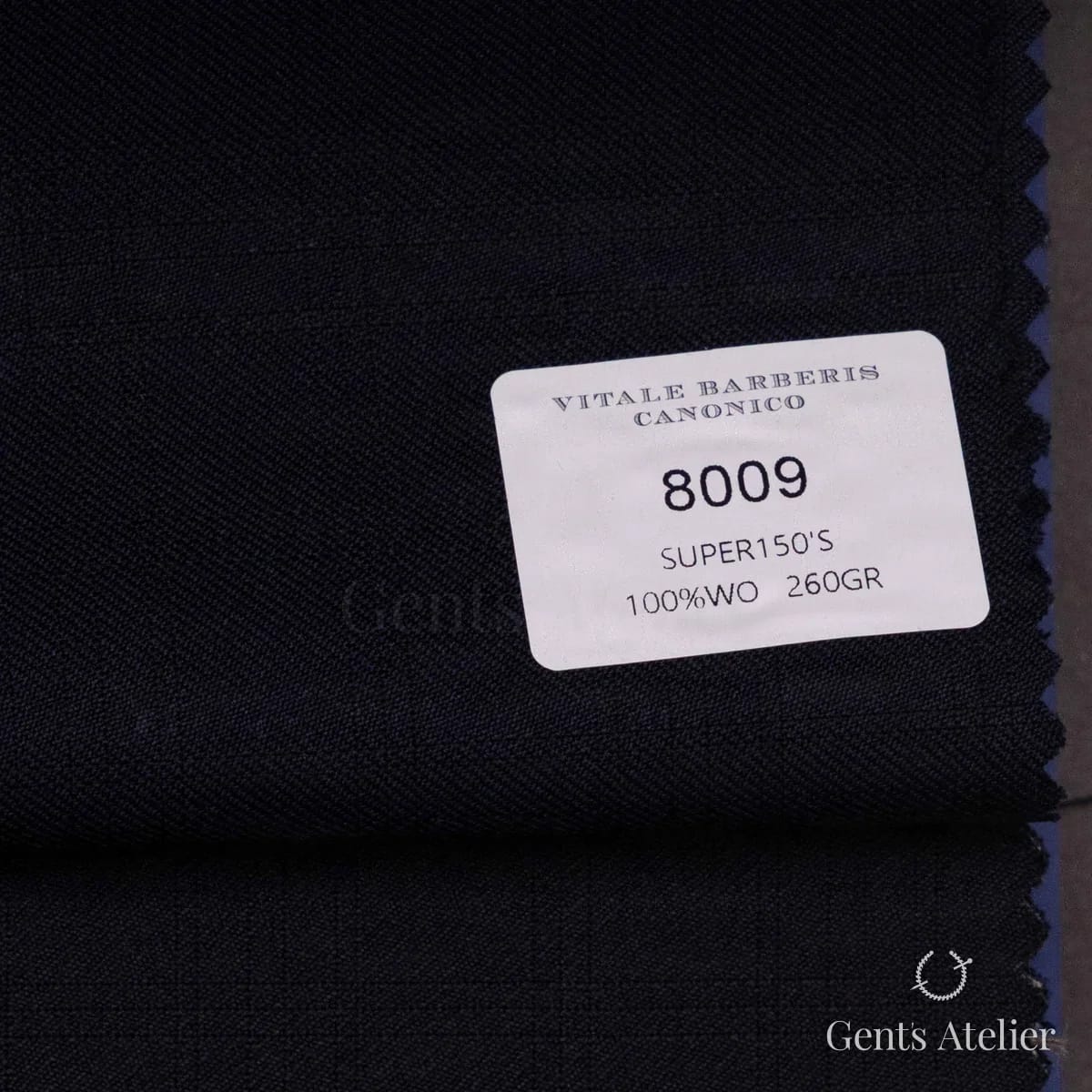 Образец ткани Vitale Barberis Canonico 8009 с этикеткой, тёмно-синий в тонкую клетку