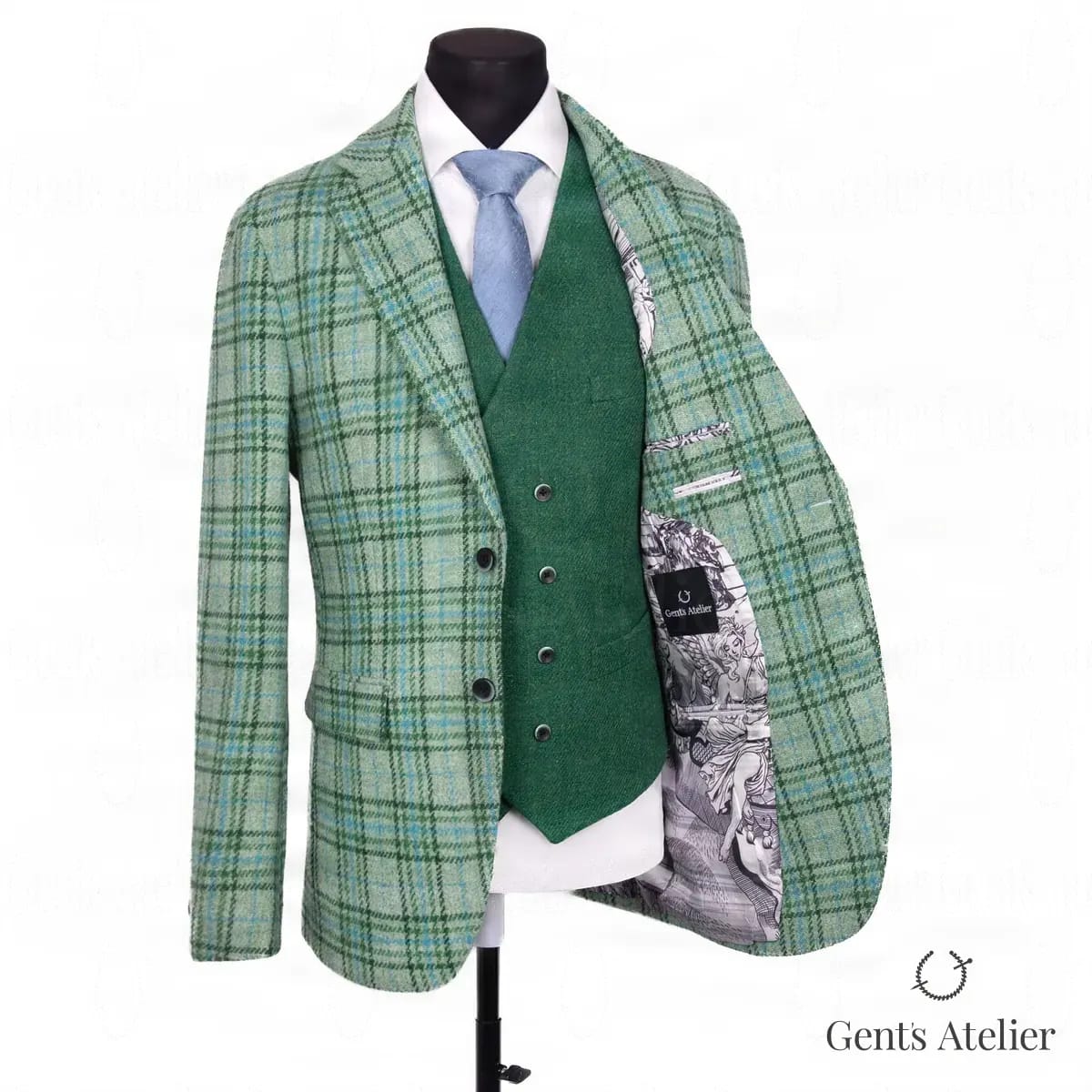 Твидовый костюм зеленого цвета из ткани Harris Tweed - Спереди